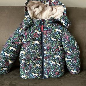 Adorable Mini Boden unicorn motif winter coat. Excellent condition. 5-6y